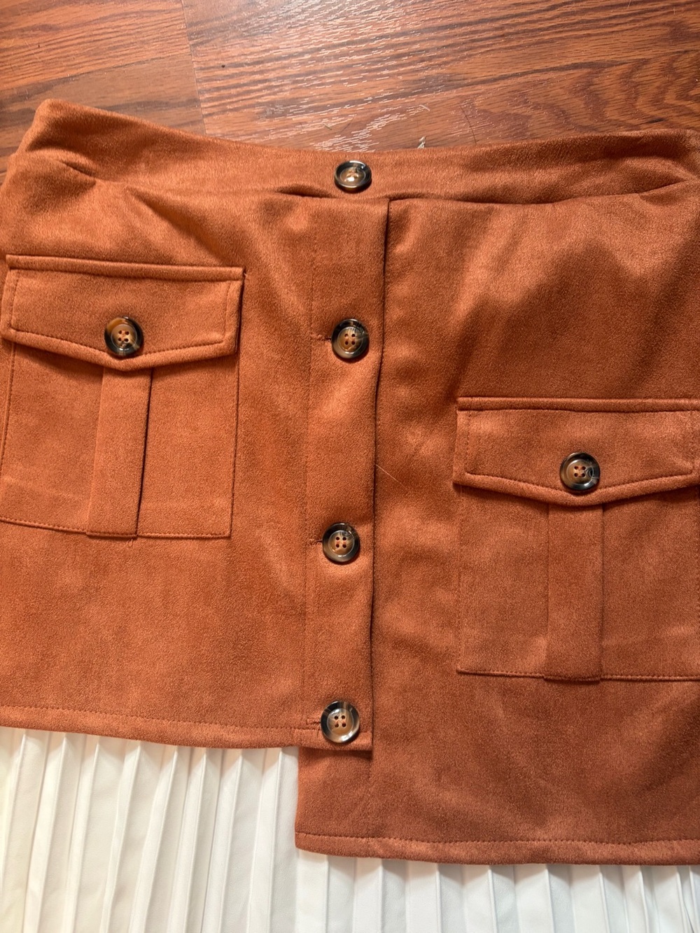 Button-Front Faux Suede Mini Skirt in Rust